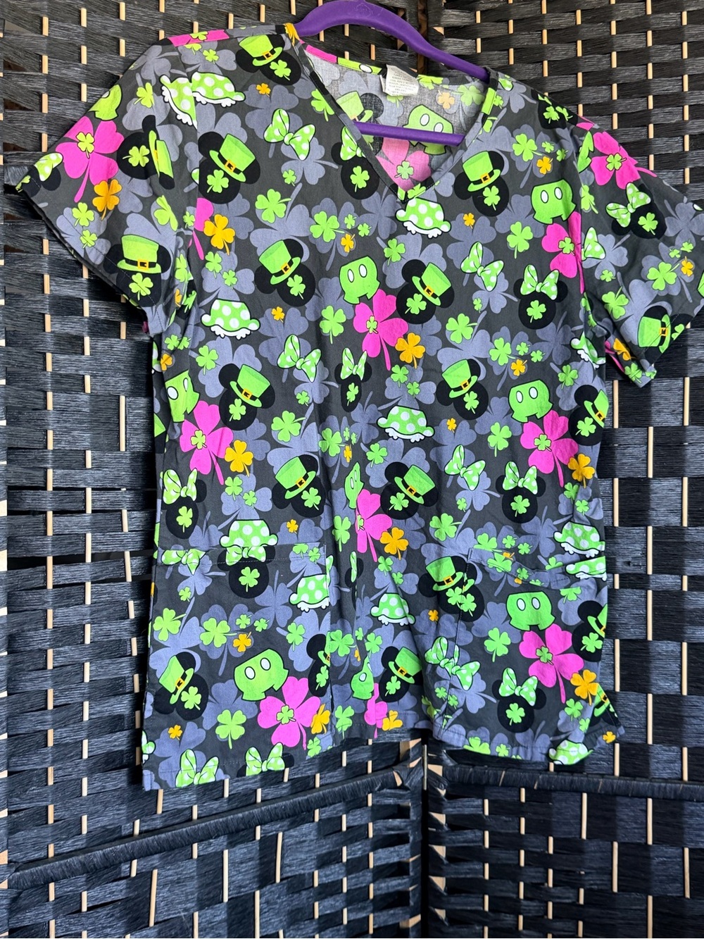 Disney Women's Neon Clover Print Short Sleeve Top - Black, Neon Green & Hot Pink - Picture 1 of 3
